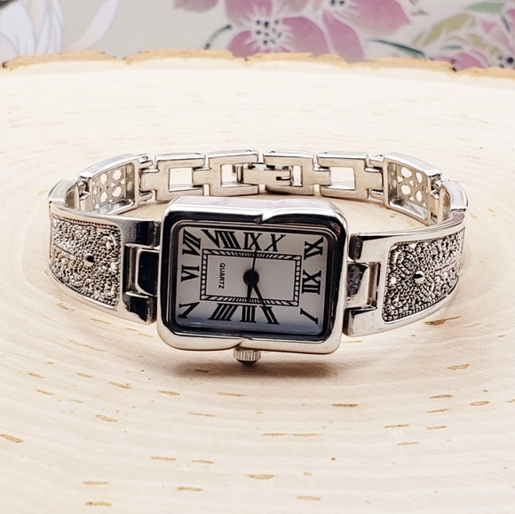 Stainless Steel Quartz Roman Numeral Rectangle Face Watch 6.5" - Picture 3 of 8